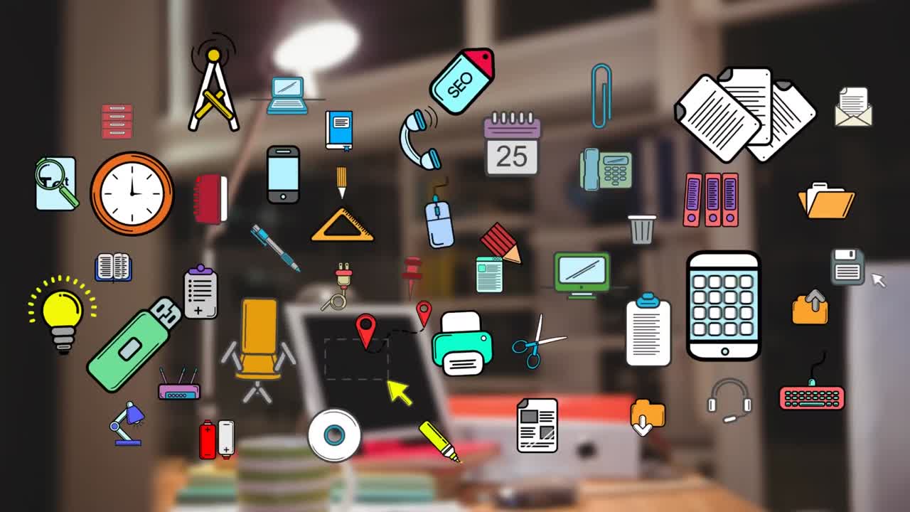 iconos coloridos de elementos de la oficina fuera de foco de la oficina en el fondo