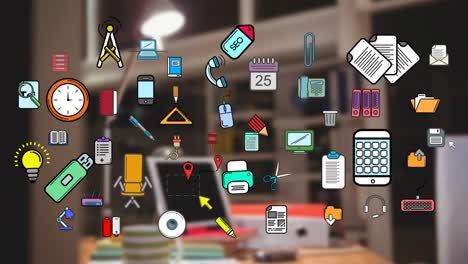 iconos coloridos de elementos de la oficina fuera de foco de la oficina en el fondo
