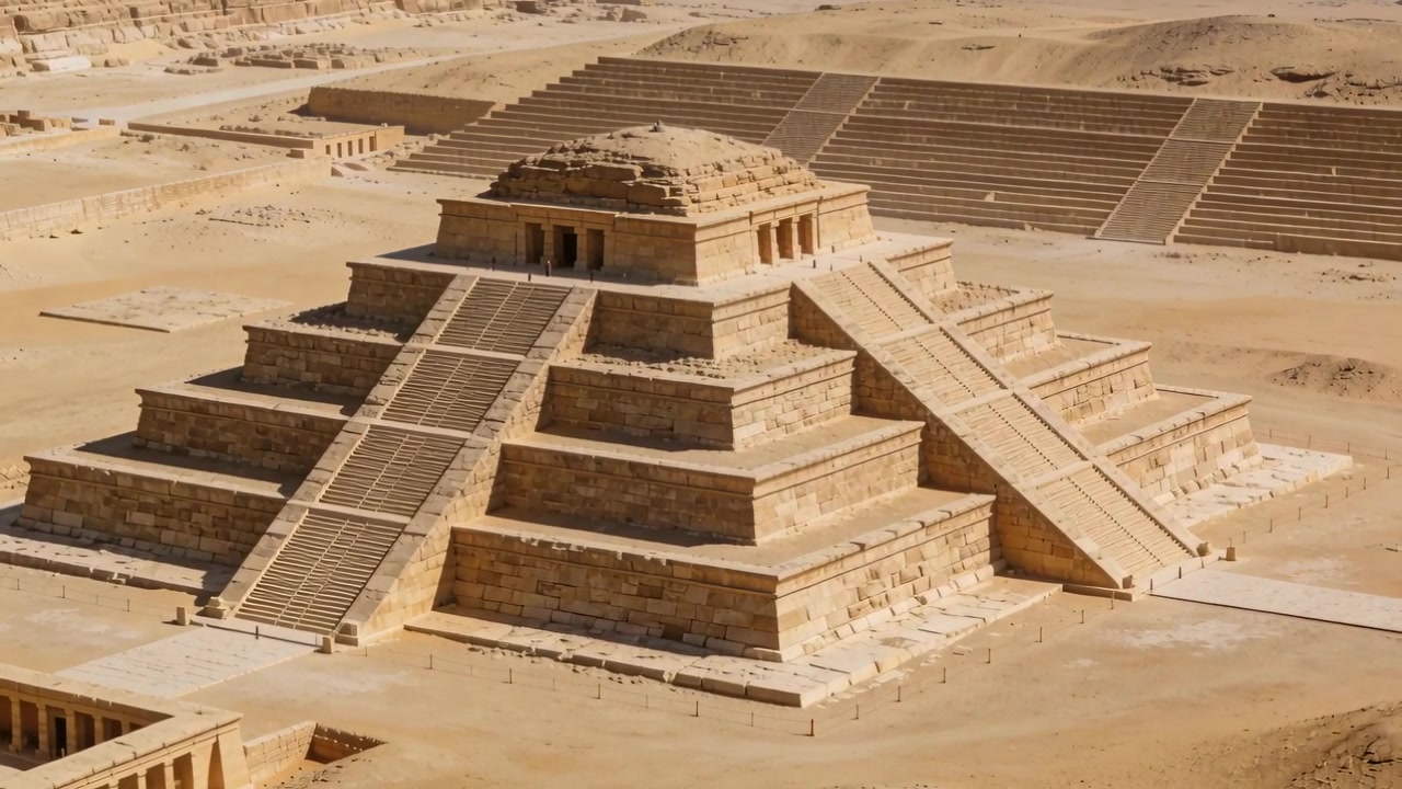 Dron se začíná blížit, přibližuje se k stupňovité kamenné pyramidě na pouštním místě a odhaluje schodiště.