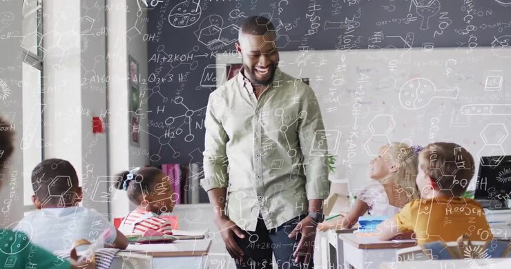 Teacher Interacting with Students in Classroom with Science Graphics