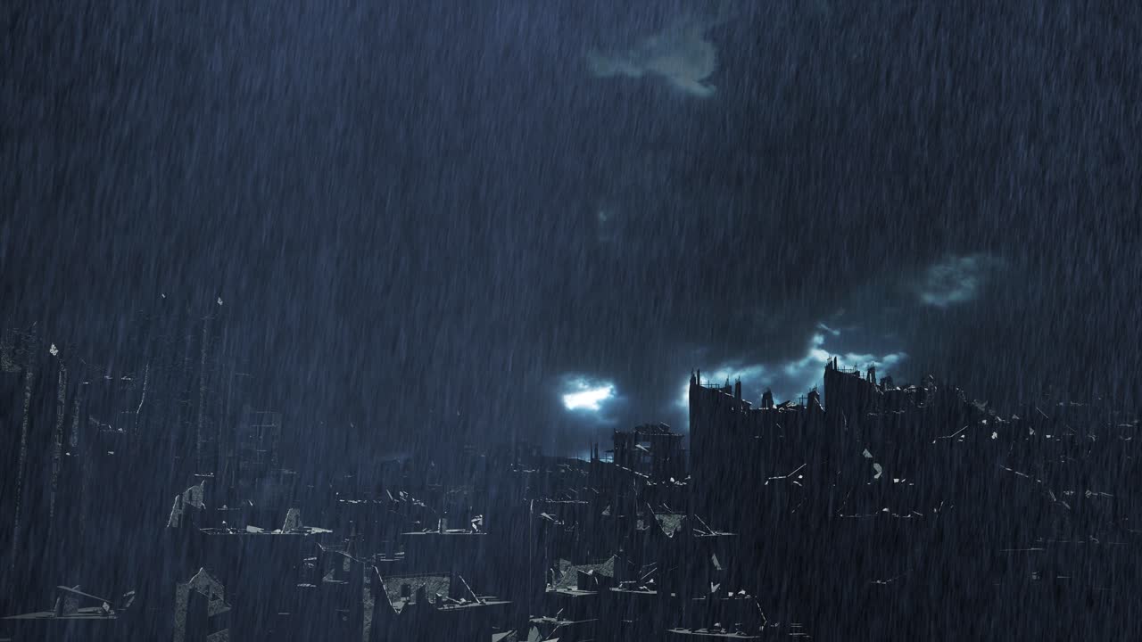 ciudad post-apocalíptica bajo una tormenta