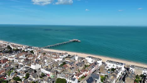 panning drone aerial deal seaside town seafront kent uk blue sky summer