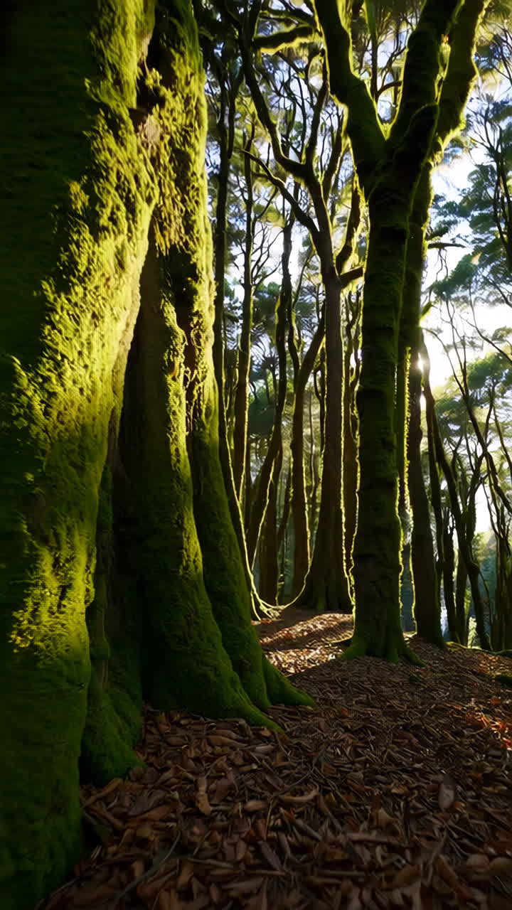 Sunlight filtering through a mossy forest