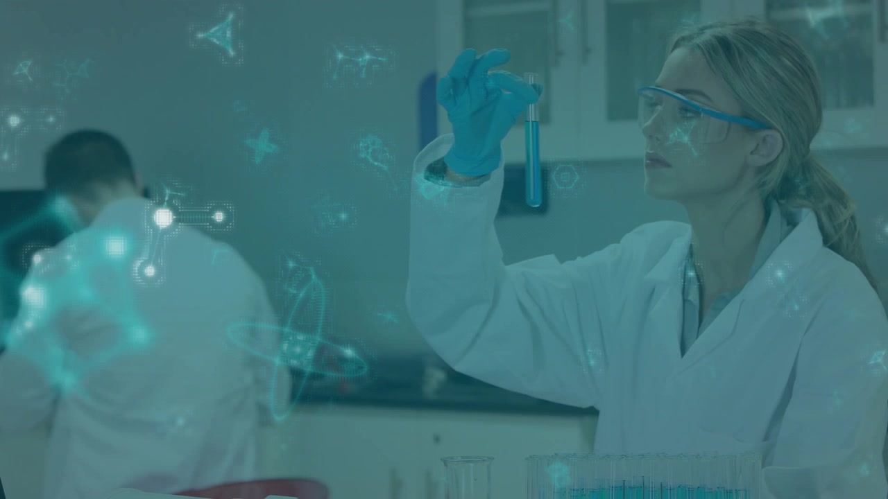 Researcher entering lab inspecting blue sample tube for analysis as molecules overlaying