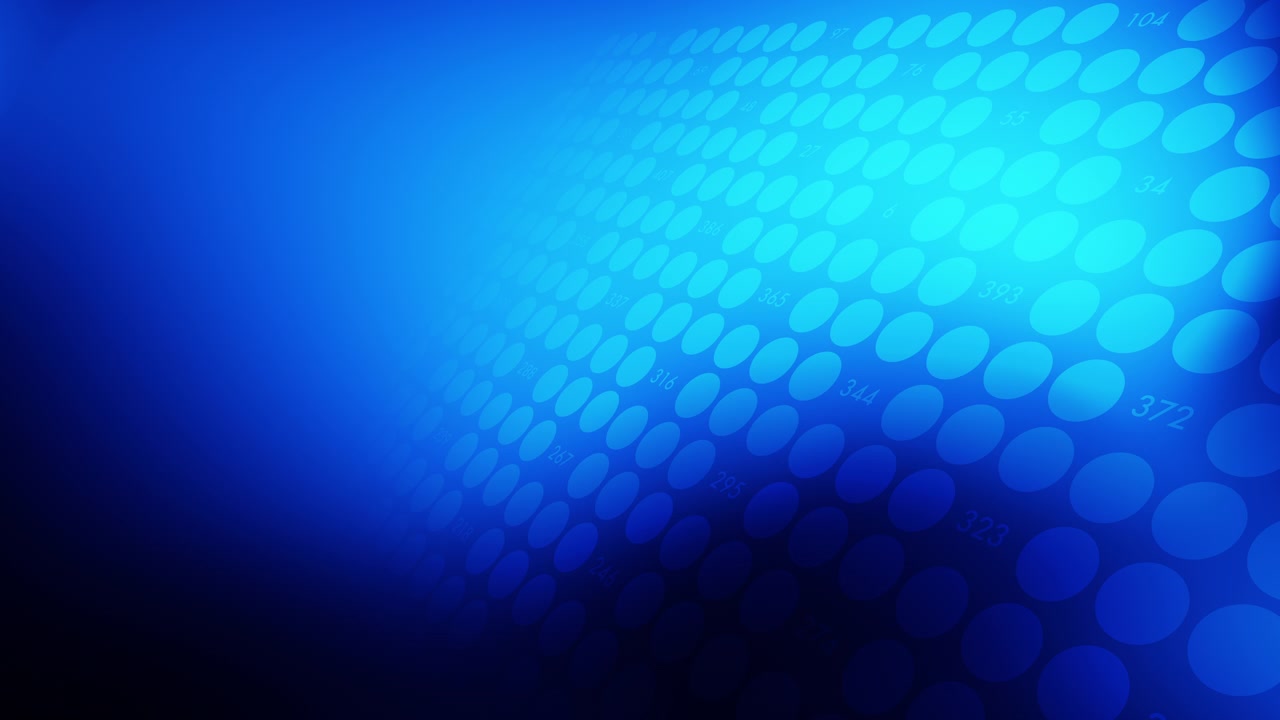 Vista grandangolare in prospettiva di una griglia dinamica a matrice di punti blu intenso che elabora ciclicamente valori di dati casuali. Ottimo per sfondi di presentazioni aziendali, mainframe tecnologici e dati bancari.