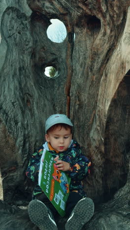 beautiful toddler boy sitting on a big wooden sculpture of cat. cute kid is focused on the colorful book. vertical video