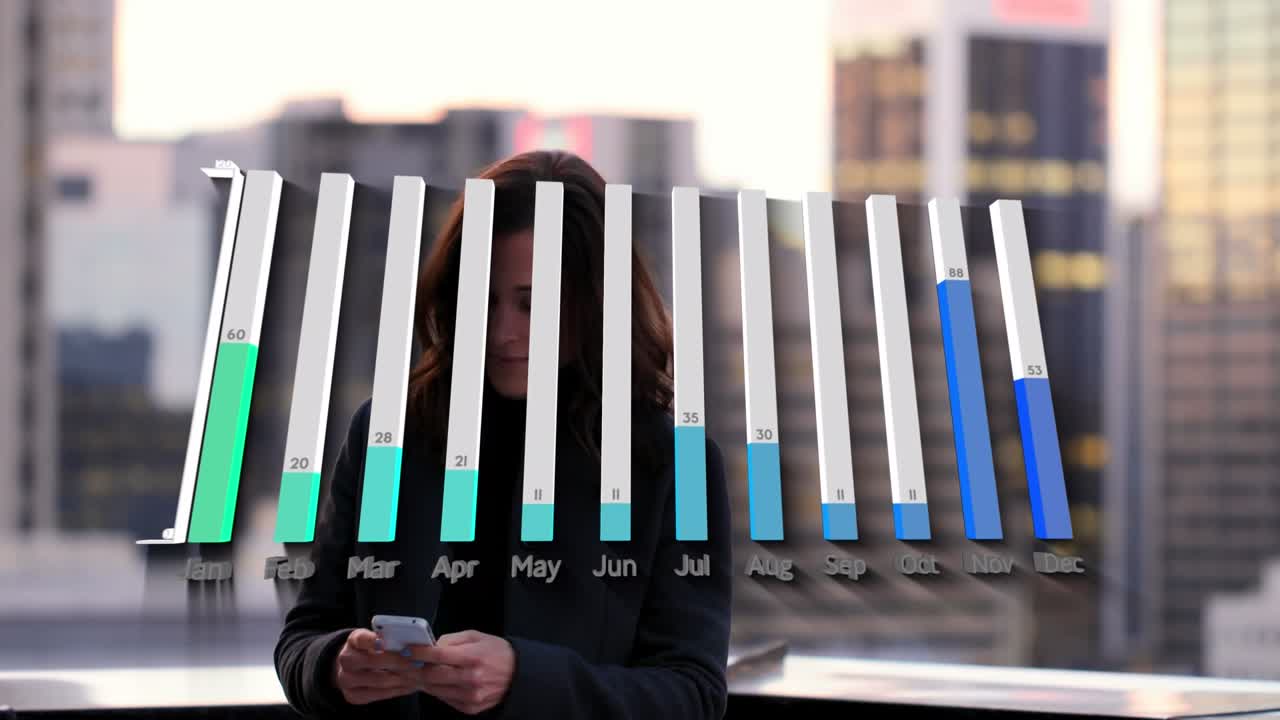 Animation of graphs over caucasian woman using smartphone