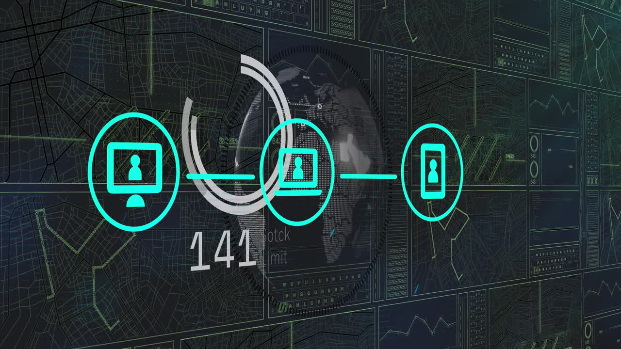 Animation of data processing and media icons on black background