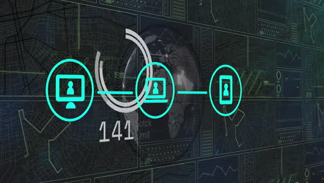 animación de procesamiento de datos e iconos de medios en fondo negro