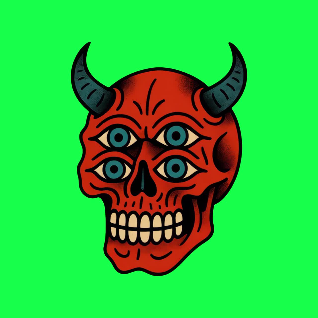 Animazione di un teschio demoniaco vivace, video 4K trasparente, green screen