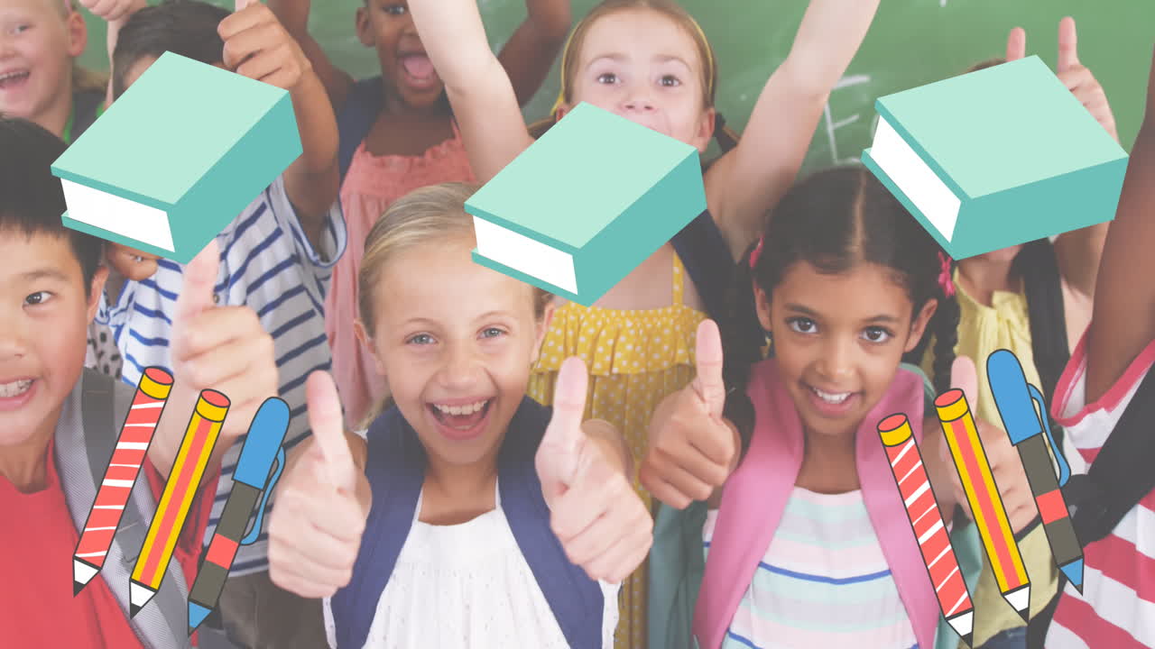 학교 아이템 아이콘의 애니메이션 행복한 학교 아이들이 엄지 손가락을 들고