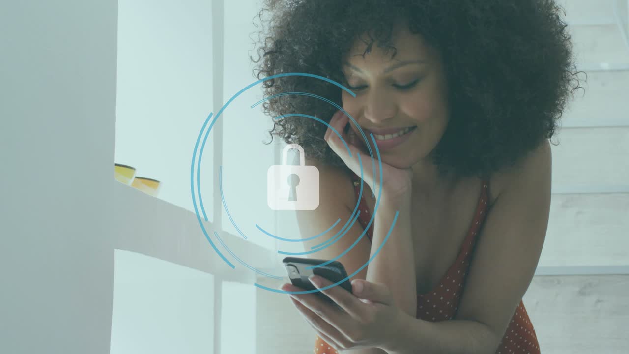 Woman leaning by window tapping phone, causing blue rings and padlock over phone, securing login