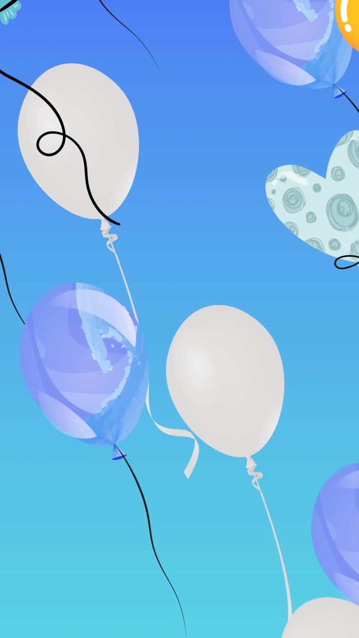 Animazione di palloncini colorati che volano su sfondo blu