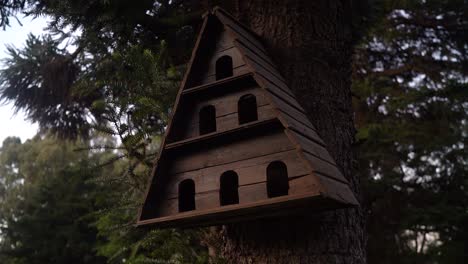 rustic wooden bird house on tree trunk