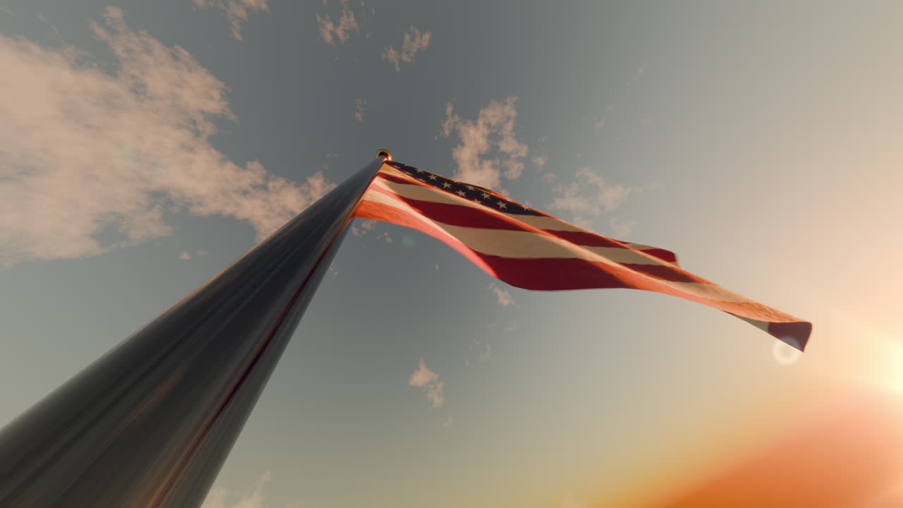 Memorial Day In America The Flag Is Waving At Sunset In The Sky