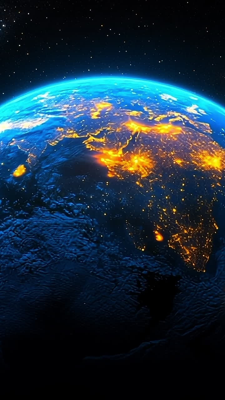 City lights glow on Earth at night. Nighttime view of Earth showcasing city lights across continents against a starry backdrop of space.