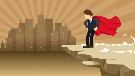 superhero businessman standing on cliff ready for challenge. business symbol. challenge and success concept. comic loop animation.