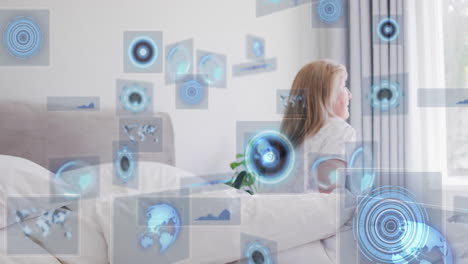elementos de interfaz digital animación sobre la mujer sentada en la cama mirando por la ventana