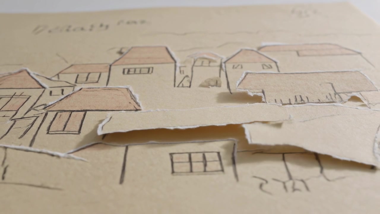 Scheurend langs de middenlijn, beige papier onthult een getekend stadsgezicht op een studiotafel, met opgetilde flappen.