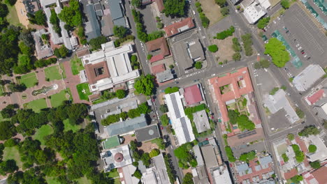 Top-down-shot-of-buildings-and-gardens-in-city.-Maintained-park-with-trees-and-fountains.-Cape-Town,-South-Africa