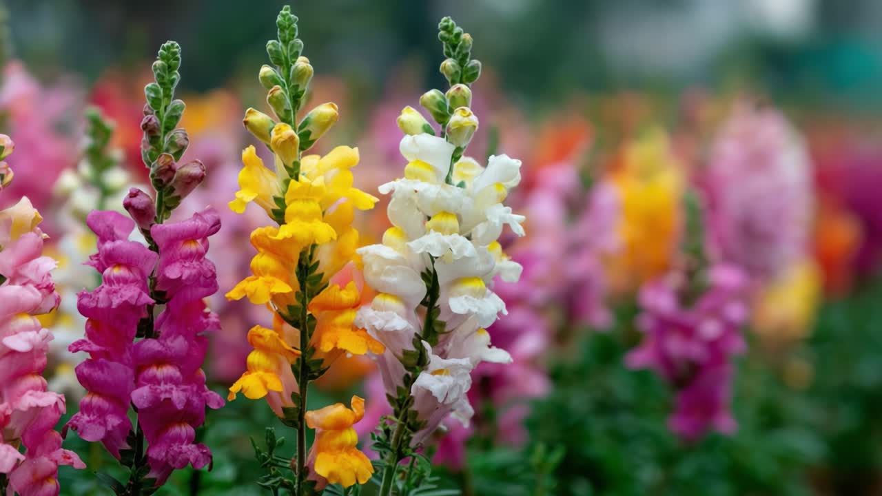 Uno spettacolo mozzafiato di colorati fiori di bocca di leone che vanno dal rosa vivace ai bianchi e gialli tenui, creando un magnifico arazzo floreale in piena fioritura.
