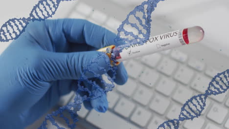 Animation-of-blue-dna-strands-over-gloved-hand-holding-monkey-pox-blood-sample-test-tube