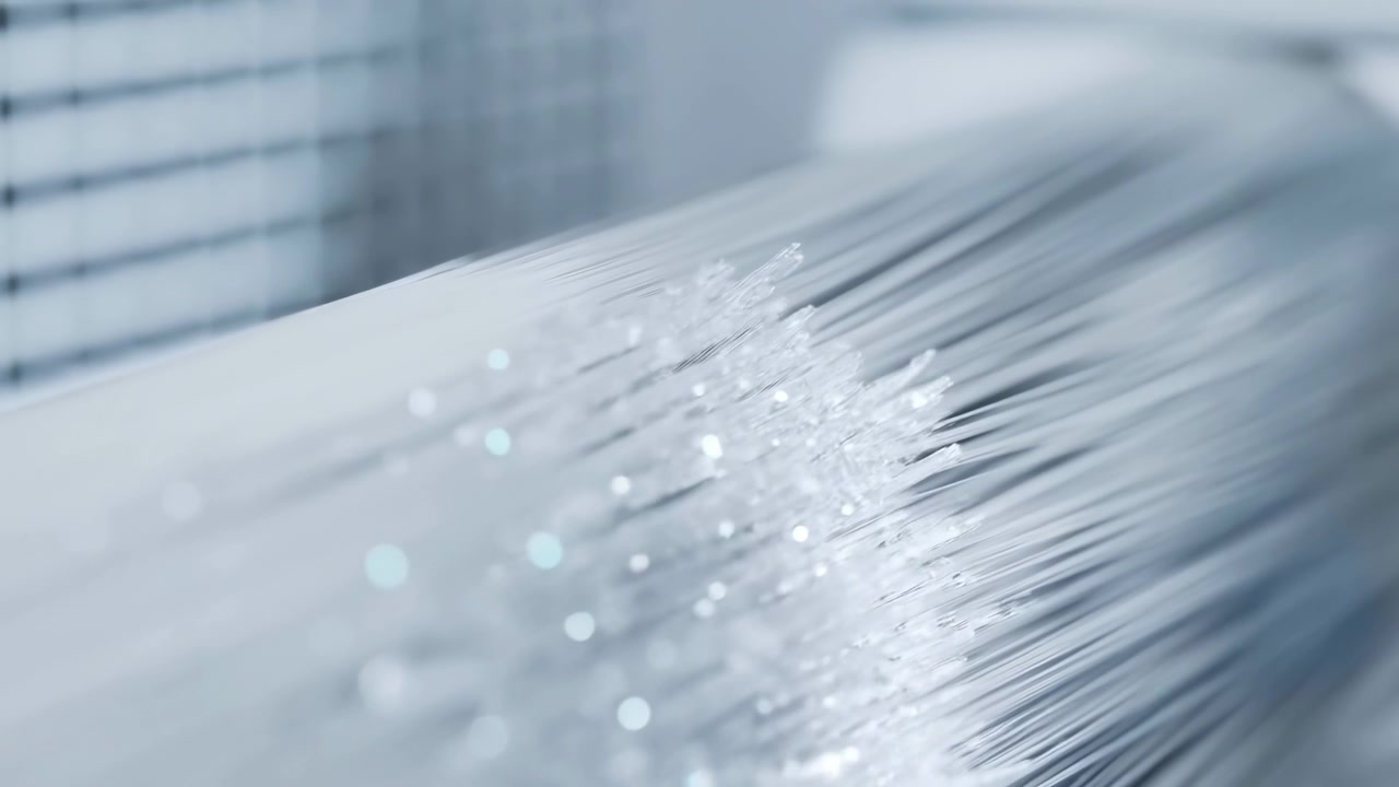 Primo piano di fibre bianche luminose che si estendono diagonalmente su uno sfondo morbido e sfocato, con piccoli punti luce scintillanti e un aspetto moderno, pulito e minimale