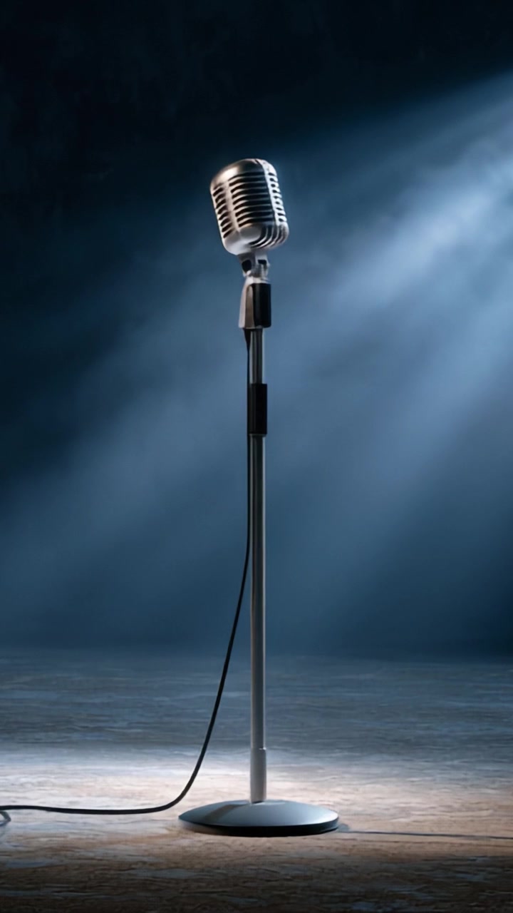 A Vintage Microphone on Stage Illuminated by Soft Spotlight, Ready for Performers to Deliver Captivating Stories and Melodies in a Stunning Auditory Experience