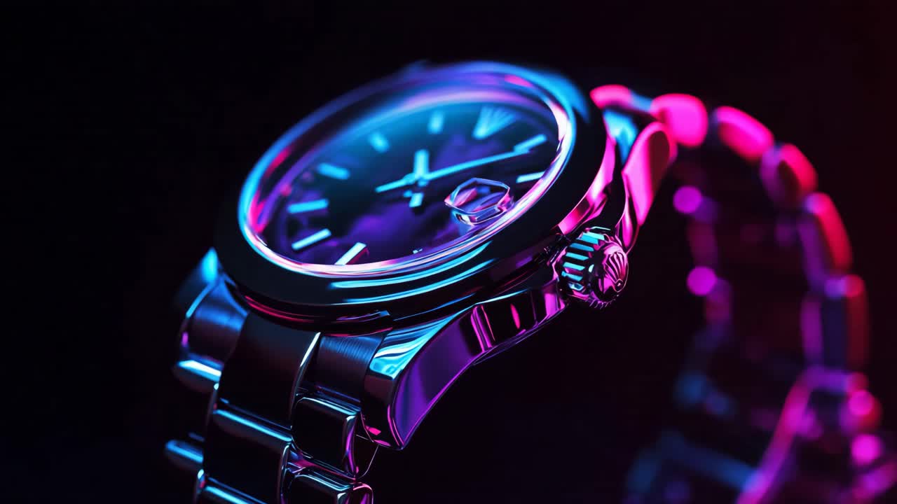 Close up of a modern watch in vibrant neon light
