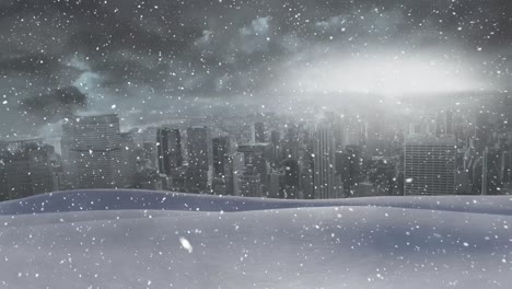 snow falling and cityscape