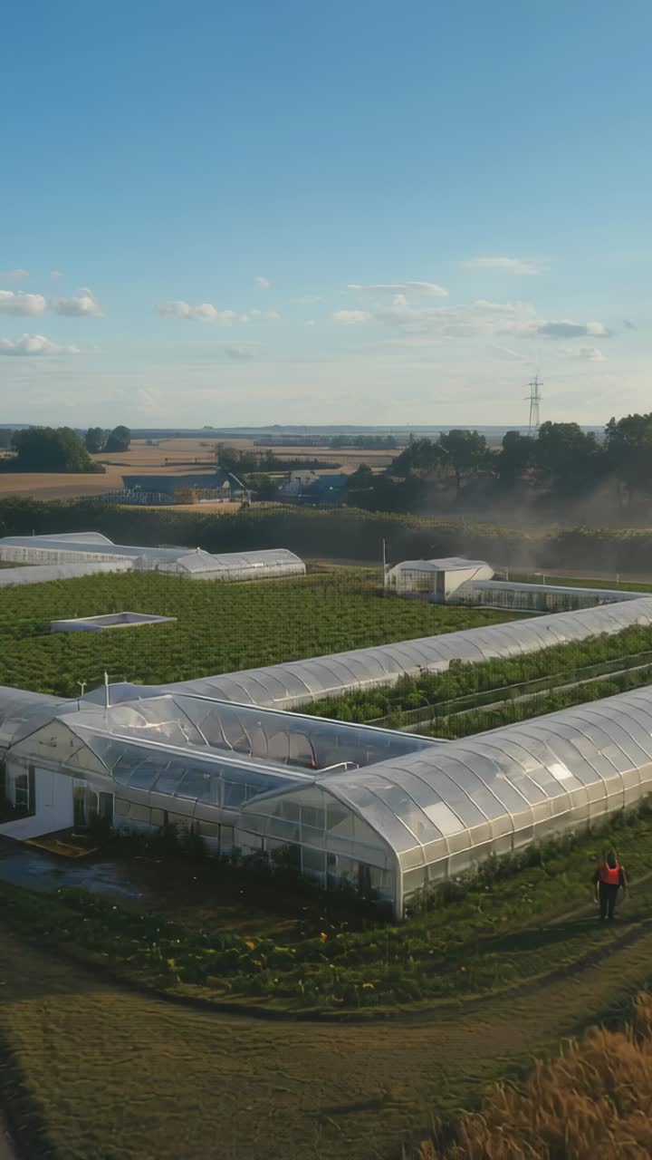 Vertical video: Descending aerial shot revealing worker in orange vest inspecting greenhouse crops