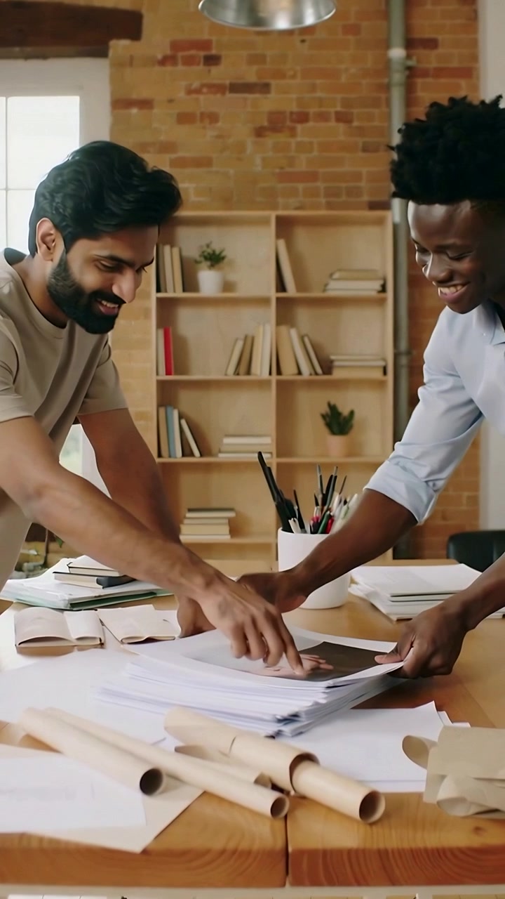 Vertical video: Spotting stack of plans, pair of men in tee and blue shirt selecting pages at table