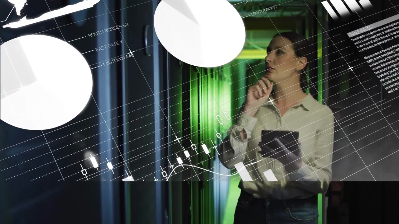 IT Specialist Analyzing Data in Server Room with Digital Interface