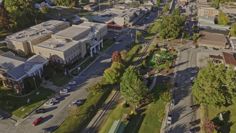 blue ridge georgia aerial v9 cinematic low birds eye view, drone flyover town center capturing the charm and nostalgia of scenic railway on main street downtown - shot with mavic 3 cine - october 2022