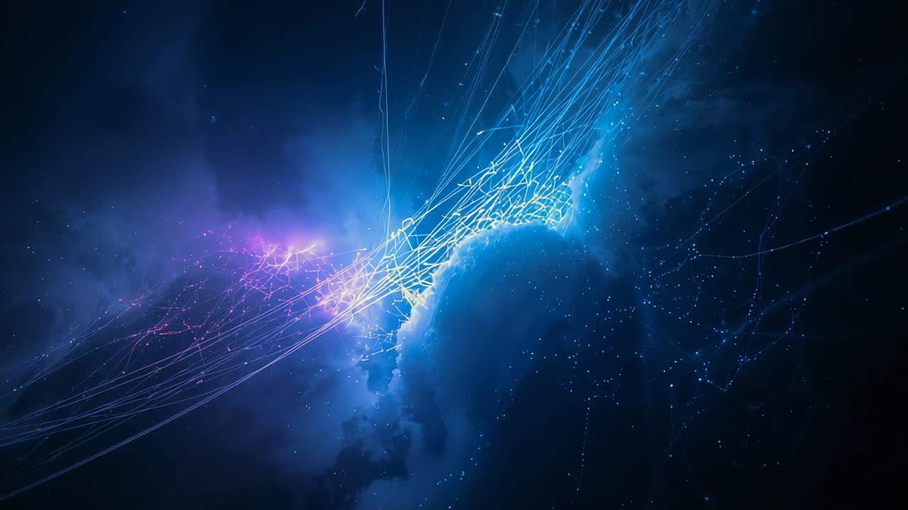 Pulsing filaments within energy cloud converging, bursting in digital void, forming bright blue web