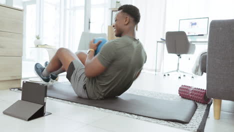 Tablet, home or man with medicine ball in fitness