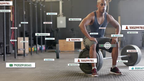 animation of social media notifications over biracial man sitting on barbell at gym