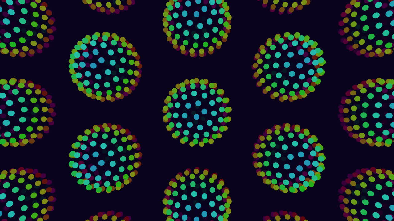 Neon futuristic sphere pattern with rainbow dots on dark gradient
