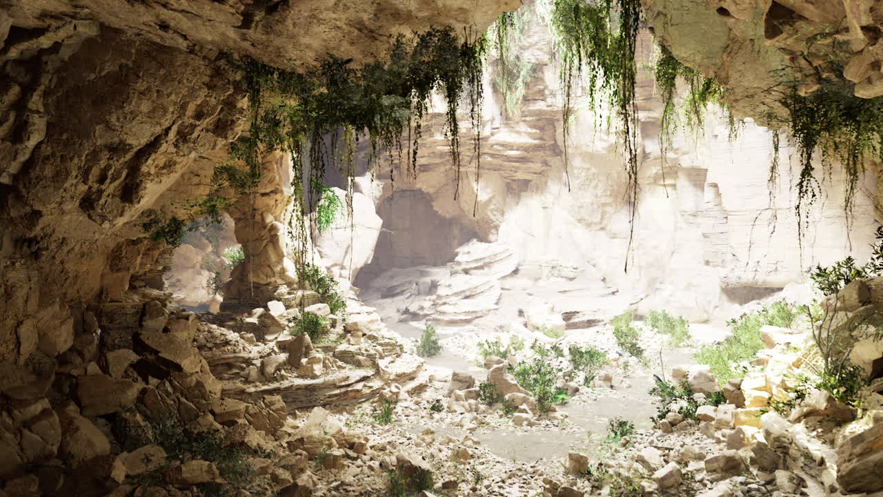 Cave entrance with natural light illuminating rocky terrain and greenery