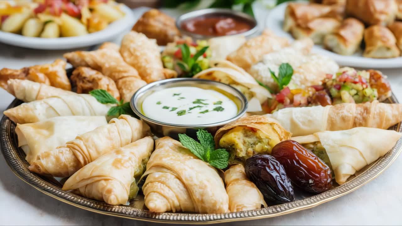 A vibrant display of assorted Middle Eastern appetizers on a decorative platter, highlighting diverse textures and colors, inviting a delightful culinary experience