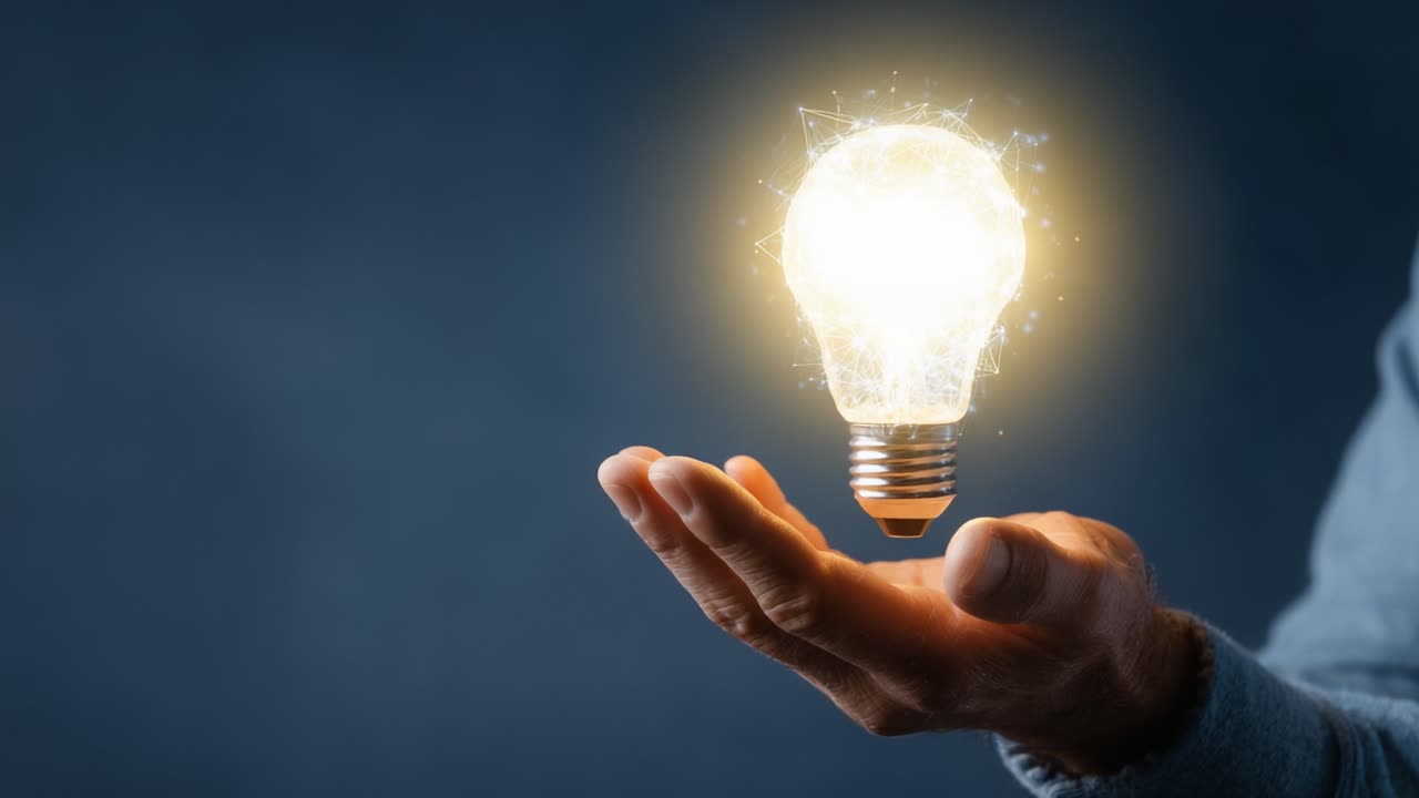 A hand gently holds a glowing light bulb that symbolizes innovation, creativity, and the bright ideas emerging in today's world of technology and inspiration