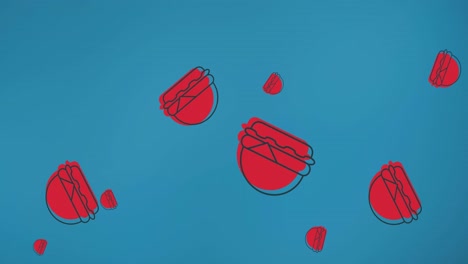 animation of multiple red hamburgers floating on blue background