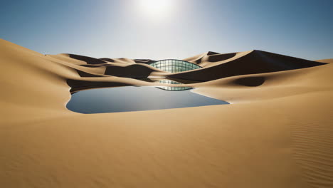 futuristic building reflected in a desert oasis