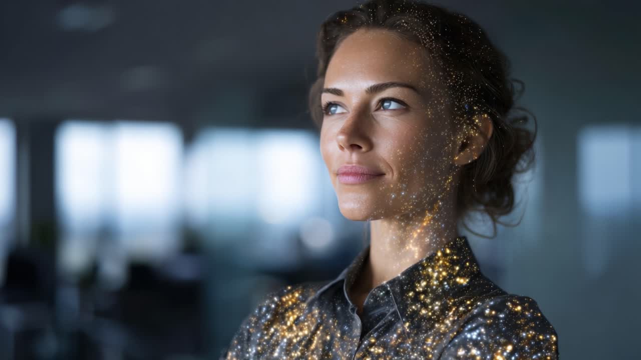 En selvsikker kvinde står og udstråler en aura af inspiration og kreativitet, smykket med glitrende partikler, der symboliserer potentiale og innovativ tænkning.