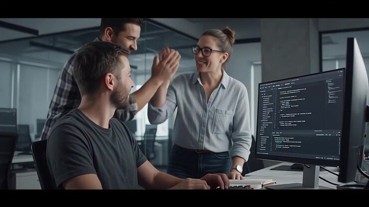 Software Development Team Celebrating Success in Modern Office