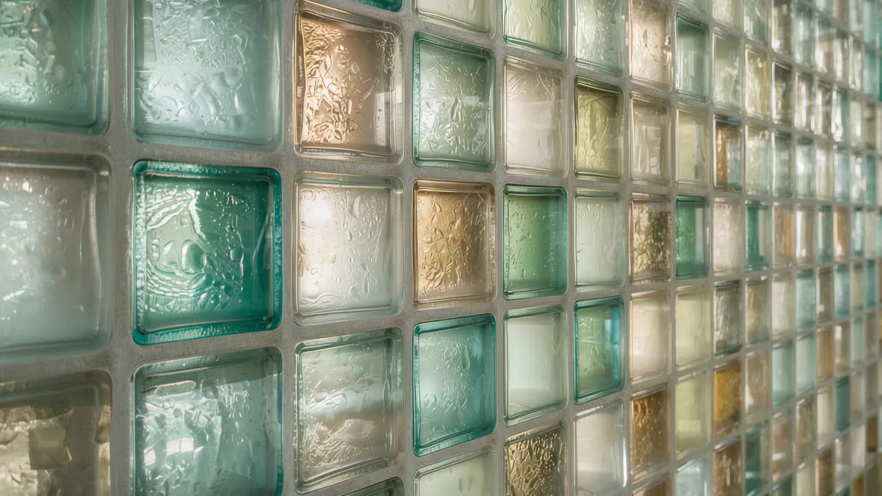 Langsomt panoramakamera, der afslører glasblokvæg i hallen, lyset glimter til højre og fremhæver teksturen
