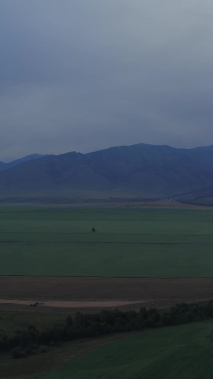 Wide aerial footage of green agricultural fields stretching toward dark mountain ridges under dramatic cloudy sky near Zamul'ta village, Altai Republic, Russia