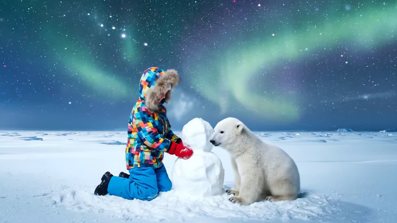 Child building a snowman with a polar bear under the Northern Lights