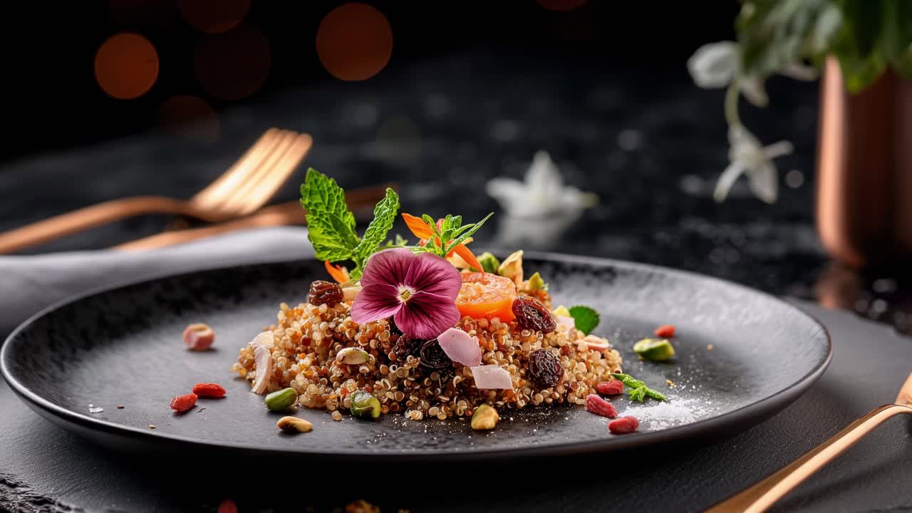 Quinoa salad garnished with edible flowers, nuts, and dried fruits, enhancing elegance and visual appeal on a dark, textured plate in a sophisticated setting