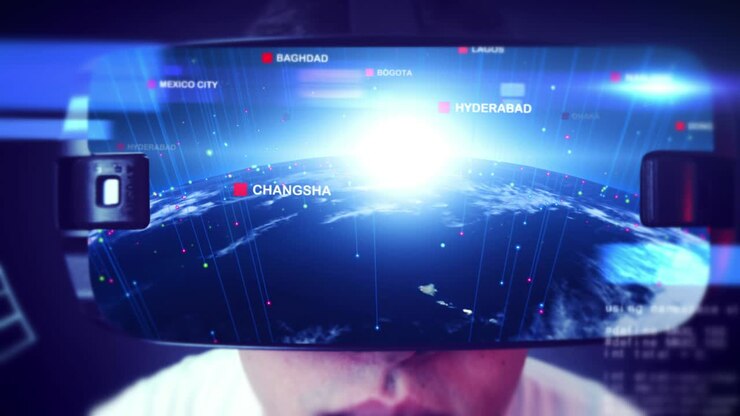 Close-up shot of a young man wearing VR Headset and experiencing virtual reality